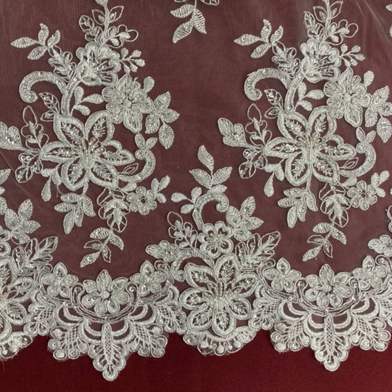 1 Yard Elegant Beaded and Corded Bridal Lace Fabric Embroidered on Polyester Net Mesh